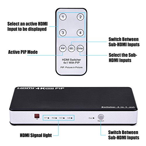 VIFLYKOO 4K HDMI SWITCH 4 Port 4 x 1 HDMI Switch mit PIP und IR drahtlose Fernbedienung, HDMI-Switcher-Hub-Port schaltet - 2