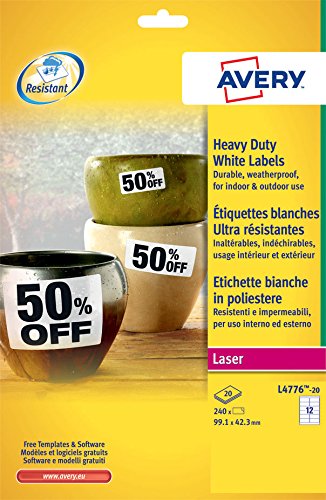 Avery España L4776-20 - Pack de 20 folios de etiquetas de poliéster, 99.1 x 42.3 mm, color blanco