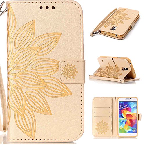TOYYM Tasche Hülle für Samsung Galaxy S5 Mini,Flip Schutzhülle Zubehör PU Leder Handytasche 3D Gold Blume Muster Design im Bookstyle mit Ständerfunktion[Stand Feature] Kartenfächer für Samsung Galaxy S5 Mini Leder Cover - 2