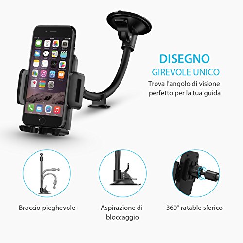 Porta Auto Mpow Porta Cellulare Auto Universale Lungo Braccio Parabrezza Cruscotto del Supporto Cellulare di Montaggio Auto con Facile Tocco e Base Antiscivolo per 4.0-6.0 Pollici Smartphones