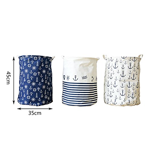 gossipboy Mediterraner Stil Groß Rund Leinen & Baumwolle Stoff Wäschekorb, zusammenklappbar Korb Kleidung Organizer Storage Müllbeutel-43,2 x 33 cm blau - 2