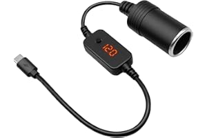 Hoembpn USB C Male to 12V Car Cigarette Lighter Socket Type-C to Cigarette Lighter Adapter Cable Converter with Voltmeter Display, Adjustable Voltage 5V/9V/12V, Suitable for Car Charger, GPS, Dash Cam