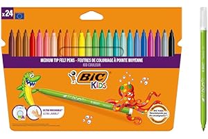 BIC Kids Felt Tip Pens, Kid Colour with Medium Blocked Tip, Vivid Colouring Pens, Washable Markers, Back to School Supplies, 24 Pack