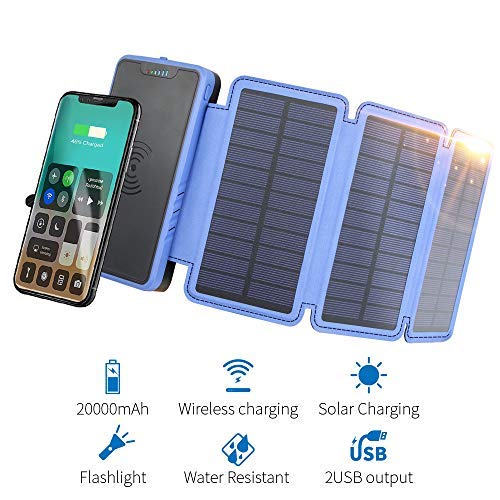 Soluser Batería Externa, Power Bank portátil 20000mAh Ultra Alta Capacidad Cargador Solar Móvil con 2 Puertos Salidas USB Alta Velocidad y Linterna LED para Smartphones Dispositivos Tabletas Altavoces