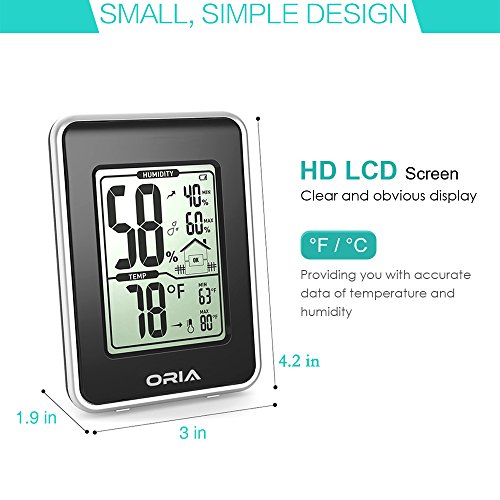 Oria Digitales Thermo Hygrometer Thermometer, Indoor Digital Hygrothermograph, Multifunktionaler Temperatur- und Feuchtemessgerät mit MIN / MAX Records + Großer LCD-Bildschirm – Schwarz - 2