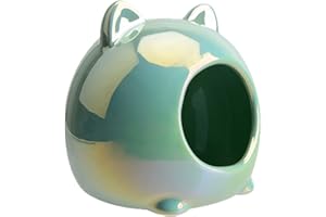 Uotyle Hamster Hideout Large Ceramic Hamster House Cute Cat Head Shape Hamster Habitats Non-Toxic Smooth Glazed Hamster Cave For Dwarf ＆Syrian Hamsters(Cyan)