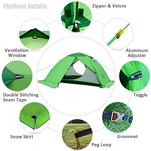 GEERTOP Tienda de campaña iglú Ligera Impermeable UV Resistente 2 Personas 4 Estaciones para Excursiones, Senderismo Travesía y Salidas al Aire Libre (Verde)