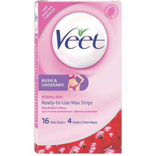 Veet Bikini & Underarm Ready-to-Use Wax Strips with Shea Butter & Berry (16 Wax Strips + 4 Perfect Finish Wipes)
