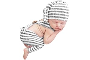 Winmany Newborn Baby Photography Prop Outfits Striped Overall Romper Knotted Hat Photo Shoot Costume for 0-2 Months