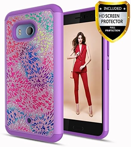 Athchu HTC U11 Phone Case, HTC U11 Cover,HTC Ocean Phone Case With Phone HD Screen Protector, Glitter Bling Shockproof Hybrid Hard PC Soft TPU Protective Phone Cover Case Cases for HTC U11 -TB Purple