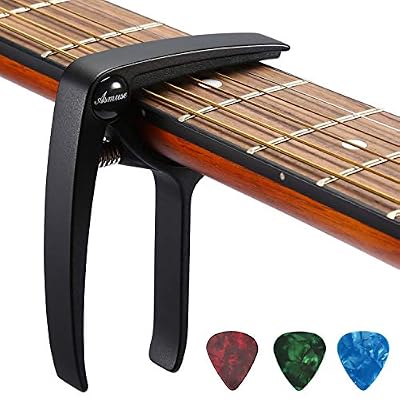 Asmuse Capodastre Trigger avec 3 Mediators Unique Utilisation à Une Main Changement Rapide en Alliage d'aluminium Noir Capos pour Ukulélé Classique Guitare Acoustique Electrique Basse et plus