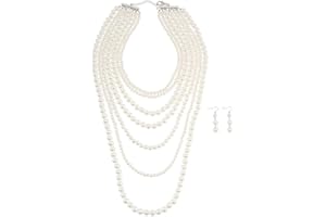 Borsgye Pearl Choker Necklace Bib with Simulated Pearl Earrings - 20s Flapper for Brides Wedding Anniversary