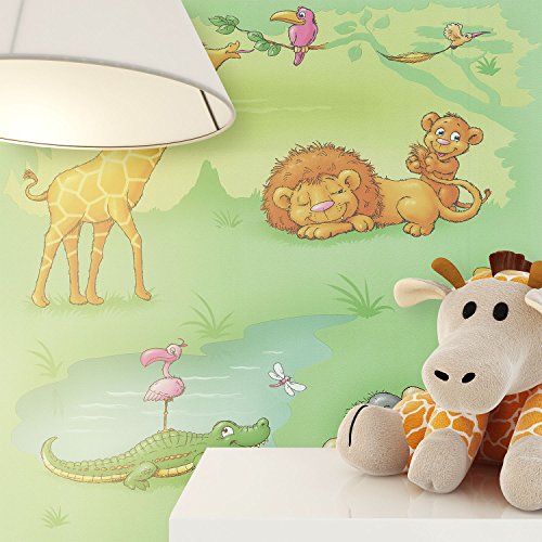 NEWROOM Kindertapete Hellgrün Papiertapete Blau,Grau,Grün,Orange,Pink,Weiß Kinder Tiere schöne moderne und edle Optik für Babys, Jungs oder Mädchen , inklusive Tapezier Ratgeber
