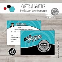 Cartes à gratter invitation anniversaire enfant garçon par lot de 8, agent secret - réf.63
