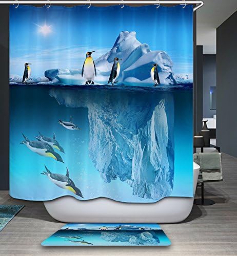 KISY Waterproof Mildew Resistant Bath Shower Curtain Blue Frozen Antarctic Glacier Penguin Polyester Bathroom Shower Curtain (180cm×180cm)