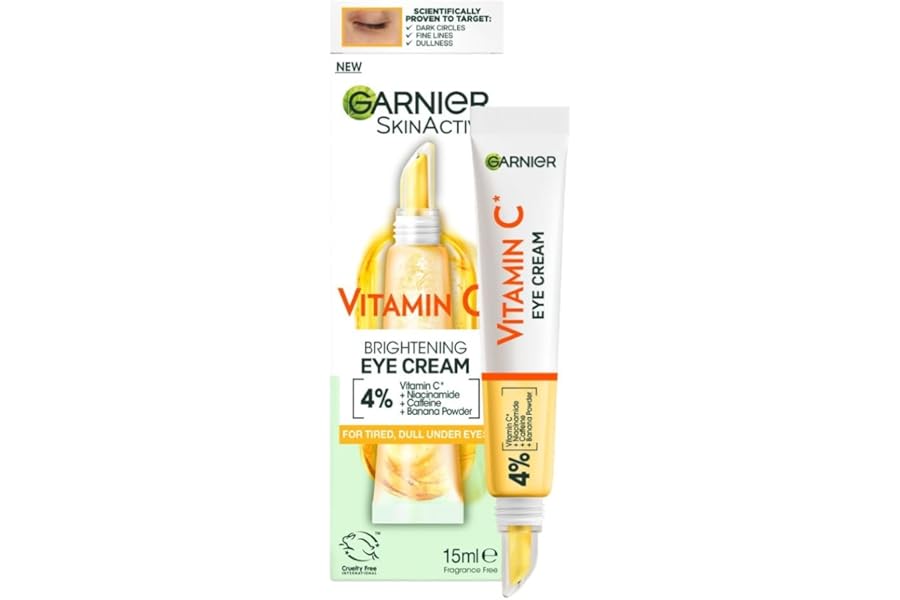 Garnier Vitamin C Eye Cream for Dark Circles, 4% Vitamin C, Niacinamide, Banana Powder, Caffeine, Brightening Eye Treatment For Dark Circles, Under Eye Bags And Puffiness, 15ml