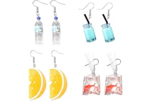 Borsgye 4 Pairs Pearl Milk Drink Cup Dangle Earrings Cute Weird Cartoon Resin Lemon Fruit Drop Earrings Punk 3D Goldfish Water Bag Eye-Catching Hook Earring for Women Girl Funny Jewelry Creative Gift