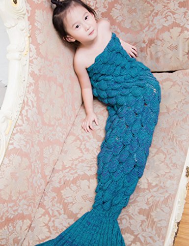 Meerjungfrau Schwanz Decke Strickmuster Fisch Waage für Kinder, weich warm Schlafsack (140 x 70,1 cm) seeblau - 5