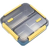 Vagonlife Bento 950ml Lunchbox Tek Katlı 3 B&ouml;lmeli &Ccedil;elik Sefer Tası Yemek Kutusu (Lacivert-Sarı)
