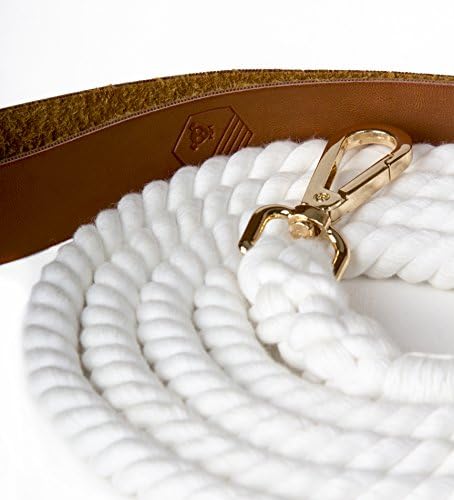 Luxury Rope Dog Lead with Padded Leather Handle | Strong, stylish &amp; long length for training | Quality hand-woven soft cotton shock absorber stops pulling | Leash for puppy, small or medium pet | Fashion gold snap clips / hook | Range of colours available | Soft White