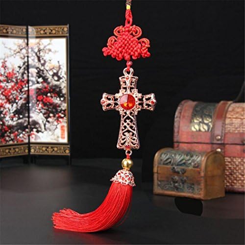 Car SUV Rearview Mirror Pendant Crafts Hanging Decoration For Vehicle Truck Home Office, Chinese Knot Christ Cross Red Blue Gem Diamond , Red