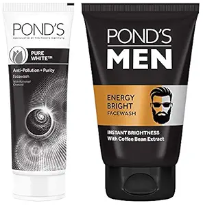 Pond's Pure White Anti Pollution With Activated Charcoal Facewash, 100g & POND'S Men's Energy Bright Face Wash Coffee Beans Bright Skin, 100g