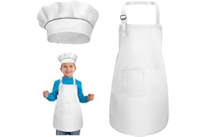 kissral Ensemble tablier + toque de chef, tablier de cuisine réglable pour enfants, avec poches, pour la cuisine, la pâtisserie, la peinture de 4 à 12 ans