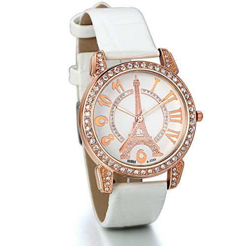 JewelryWe Damen Mädchen Armbanduhr, Analog Quarz, Charm Casual Leder Armband Uhr mit Strass Eiffelturm Digital Zifferblatt, Weiss JewelryWe Damen Mädchen Armbanduhr, Analog Quarz, Charm Casual Leder Armband Uhr mit Strass Eiffelturm Digital Zifferblatt, Weiss
