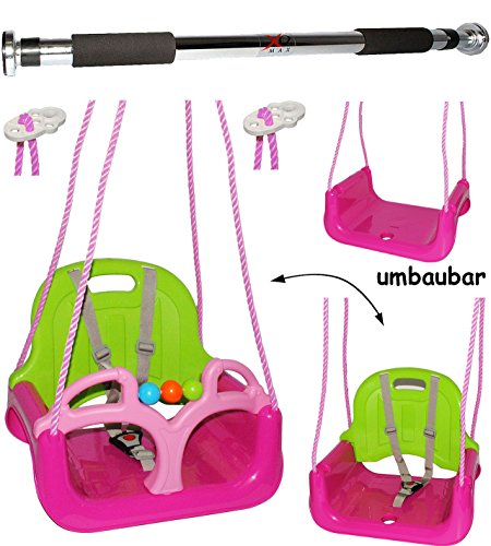2 tlg. Set _ Türreck + mitwachsende - Babyschaukel / Gitterschaukel mit Gurt - " ROSA / PINK " - leichter Einstieg ! - mitwachsend & verstellbar - 100 kg belastbar - Kinderschaukel ab 1 Jahre - Reck für Türrahmen Befestigung - Stange - Türstange - mit Rückenlehne & Seitenschutz - Schaukel für Kinder - Innen und Außen / Garten - für Baby´s - aus Kunststoff / Plastik - Kunststoffschaukel - mitwachsend - Sicherheitsgurt - Gitterschaukel / Kleinkindschaukel - Baby