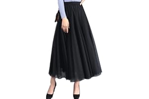 FEOYA - Falda de tul elástica, corte en A, de talle alto, falda midi para mujer, malla, dobladillo grande, falda larga elegante con combinación