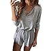Produktbild XXYsm Jumpsuit Kurz Damen Elegant Overall Sommer Herbst Langarm Solid V-Ausschnitt Mini Playsuit Strandshorts Lässig Sommerkleid Spielanzug Breites Bein Hose