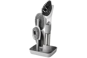 BSTCAR Szczotka do mycia naczyń z dozownikiem płynu do mycia naczyń, 4 w 1, szczotka do czyszczenia kuchni z 2 szczotkami do czyszczenia i 2 gąbkami do mycia naczyń, szczotka do mycia naczyń, długi