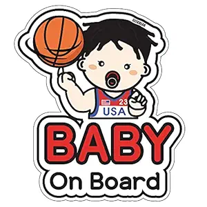GEEKBEAR Baby on Board Sticker and Decal (Basketball Boy) - Baby Bumper Car Sticker - Baby Window Car Sticker - Baby in Car Sticker - Cute Safety Caution Decal Sign for Cars