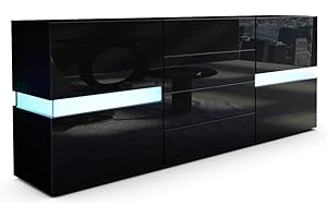 ‎VLADON Vladon Sideboard Flow, Schwarz matt/Schwarz Hochglanz inkl. LED - Moderne Kommode mit Ambient Light Verglasung für Ihr Wohnbereich (177 x 75 x 39 cm)