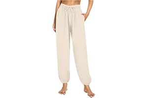 SKFLABOOF Stoffhose Damen Musselin Hose Sommer Mode Lässige Leichte Freizeithose Strandhose Sommerhose Einfarbig Bequeme Luftige Einfarbig Gerade Geschnitten Bein Hosen und Taschen