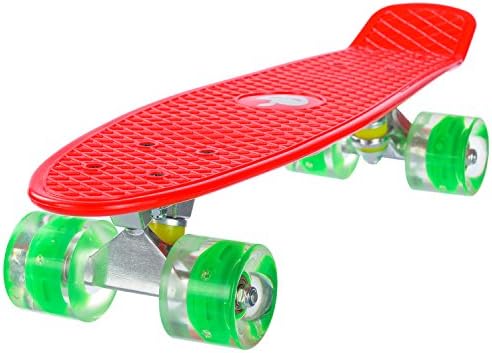 Mad Boards Retro Cruiser Skateboard Complete 22 inch Bendable Board, ABEC-7, with LED Light Up Wheels for Kids,Youths, Beginners and Advanced Riders, Red