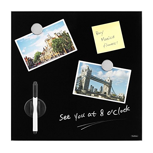 VonHaus Magnetisches Memoboard 350mm x 350mm aus Glass, Pinnwand, Notiztafel mit GRATIS Zubehör – Stift, zwei Stilvolle Magnete und ein Magnetischer Radierer (Schwarz)