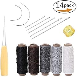 Yulakes 14 pcs Artisanat du cuir Outil Aiguilles à coudre Tissu d'ameublement Tapis Cuir Toile bricolage Couture Fournitures avec 5 pcs 50 m 150d Cuir à coudre Cire Filetage
