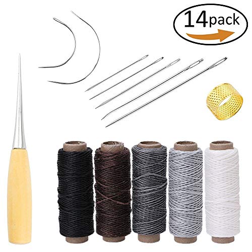 Yulakes 14 pcs Artisanat du cuir Outil Aiguilles à coudre Tissu d'ameublement Tapis Cuir Toile bricolage Couture Fournitures avec 5 pcs 50 m 150d Cuir à coudre Cire Filetage
