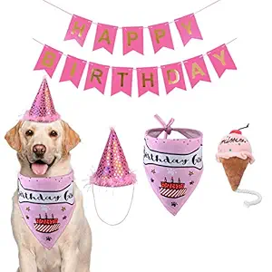 TVMALL Dog Birthday Bandana Hat Banner Set - Birthday Party Supplies -Squeaky ice Cream Plush Toy Dog Boy Girl Triangle Scarfs with Crown Hat Cute Party Hat for Pets, Pink