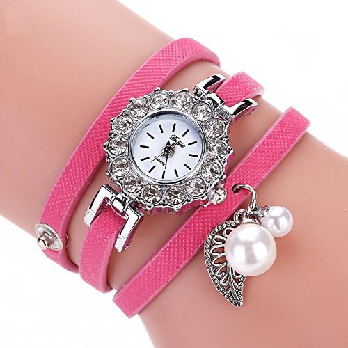 Womens Multilayer Band Leaf Pendant Bracelet Rhinestone Sunflower Wrist Watch (Rose Red)