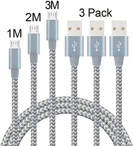 Elebar 3Pack 1M 2M 3M Micro USB Charging Cable Nylon Braided Quick Syncing cable for Android Devices,Samsung Galaxy,TCL,Sony,Nexus, Motorola,Sprint and More-Gray