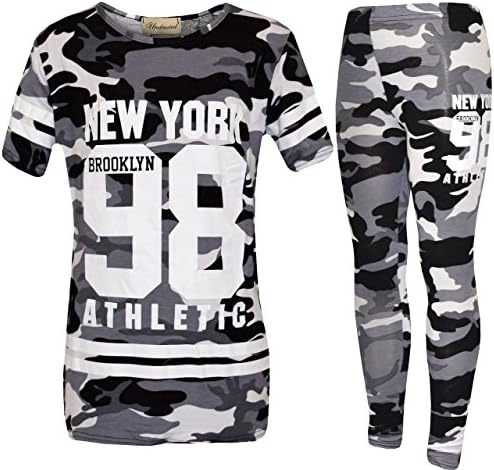 Girls Kids Adios Camouflage Print Army Crop Top &amp; Bottoms Leggings Tracksuit Suit Age 2-13 Years (11-12 Years, 98 Camo Charcoal)