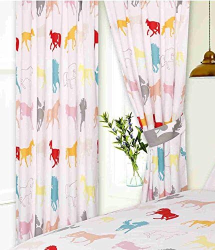 KIDZ KOLLECTIONZ66" x 72" Horses White Curtains With Tie Backs, Pencil Pleat, Novelty Kids Pony Equestrian Show Silhouette, Grey Pink Orange Teal Green Blue Red