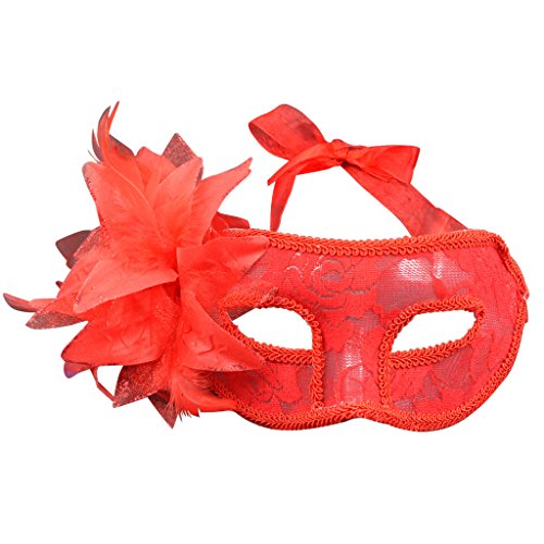Veroda Feather Venetian Hollow Masquerade Ball Carnival Eye Mask Color Red