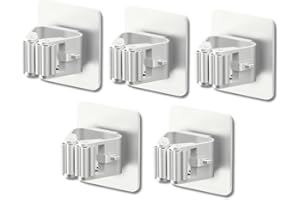 V&J Pack 5 Uds. Soporte Adhesivo de Pared para Escobas y Fregonas. Organizador Ajustable para Colgar Escobas y Fregonas. Ganchos sin Perforar para Garaje, Cocina, Baños y Trasteros. (Color Blanco)