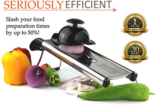 Chef’s INSPIRATIONS Mandoline Gemüseschneider mit V-Klinge, Gemüsehobel ,Schneider & Julienne Hobel in Premiumqualität. Inklusive 5 Einsätze, Reinigungsbürste & exklusivem Handschutz. Edelstahl. - 2