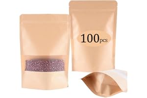 FDGAUCA 100pcs Sachet Kraft Alimentaire Standable Sachet zip Kraft Avec Fenêtre Transparente Réutilisable Sachet Papier Hermétique Pochette Craft Food Storage Stocker Noix Grains Café(15 * 22cm)