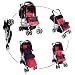 Duo Double Twin Tandem Pushchair by Kidz Kargo. 2 seat units, fully reclining lie back at the rear. Suitable for newborn or up to 33lb/15kg, front seat from 6 months. Rain cover. Black/Red