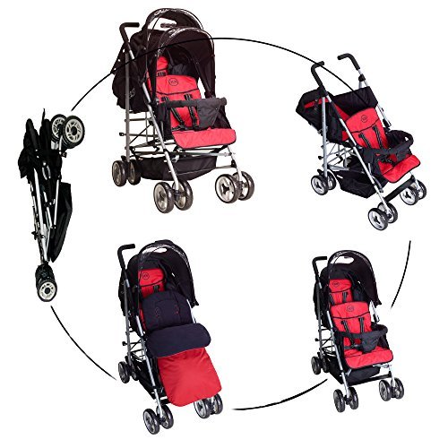 Duo Double Twin Tandem Pushchair by Kidz Kargo. 2 seat units, fully reclining lie back at the rear. Suitable for newborn or up to 33lb/15kg, front seat from 6 months. Rain cover. Black/Red